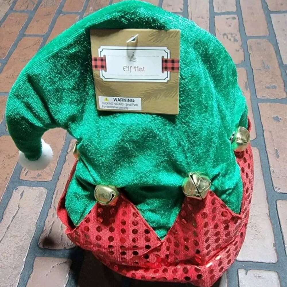 Christmas Elf Hat With Bells and Sequin Cuff Green and Red with White  Pom Pom